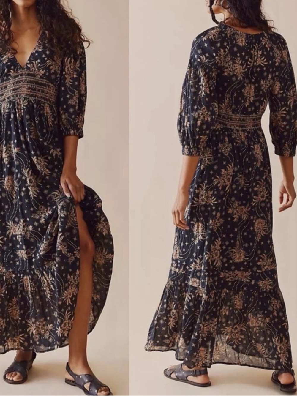 Free People Black Maxi Dress with Cream Floral Print